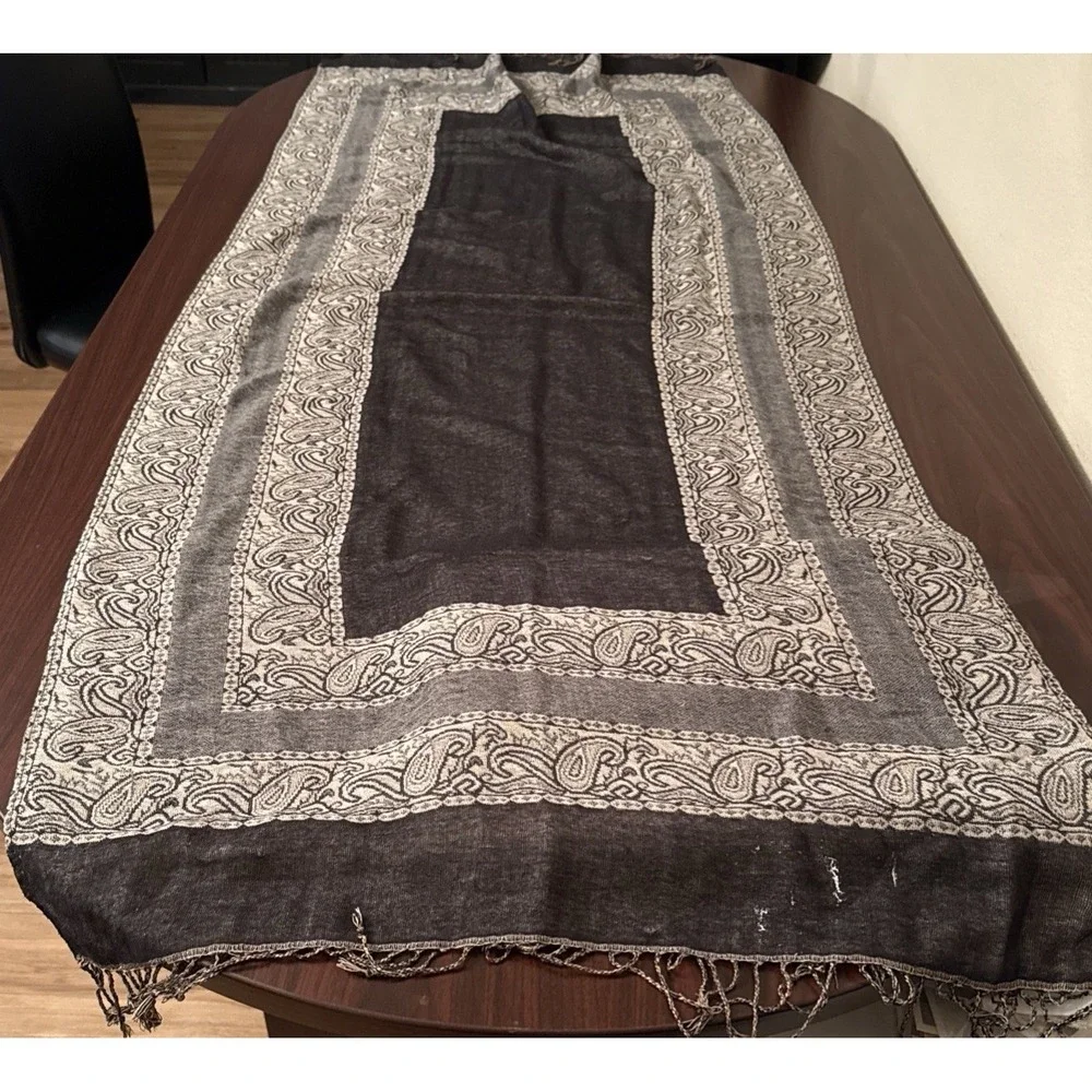 Black Grey Paisley Scarf Fringe Trim Pashmina Wrap ULWM13B195
